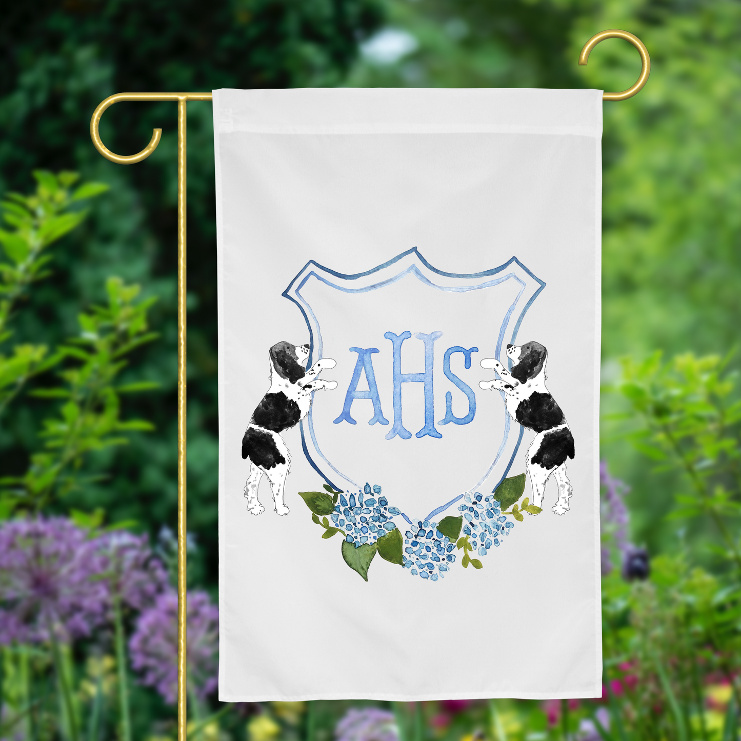 Personalized Watercolor Hydrangea Spaniel Crest Garden Flag