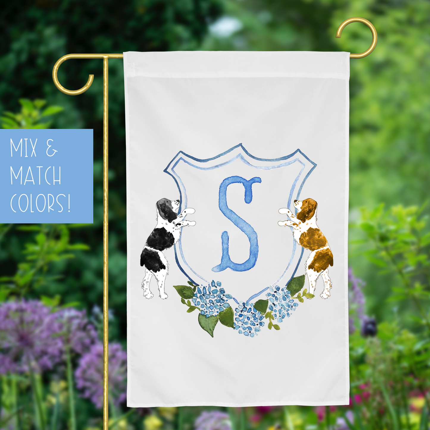 Personalized Watercolor Hydrangea Spaniel Crest Garden Flag