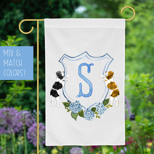 Personalized Watercolor Hydrangea Spaniel Crest Garden Flag