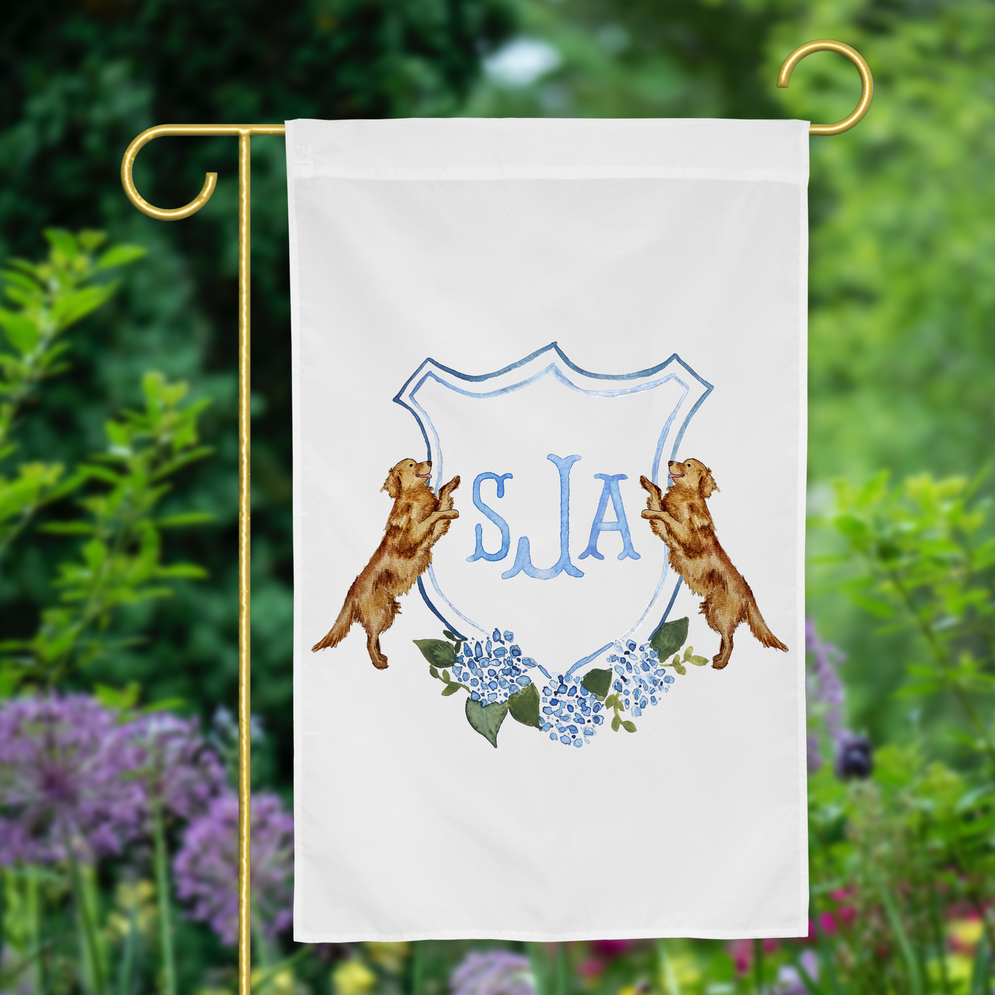 Personalized Watercolor Hydrangea Golden Retriever Crest Garden Flag
