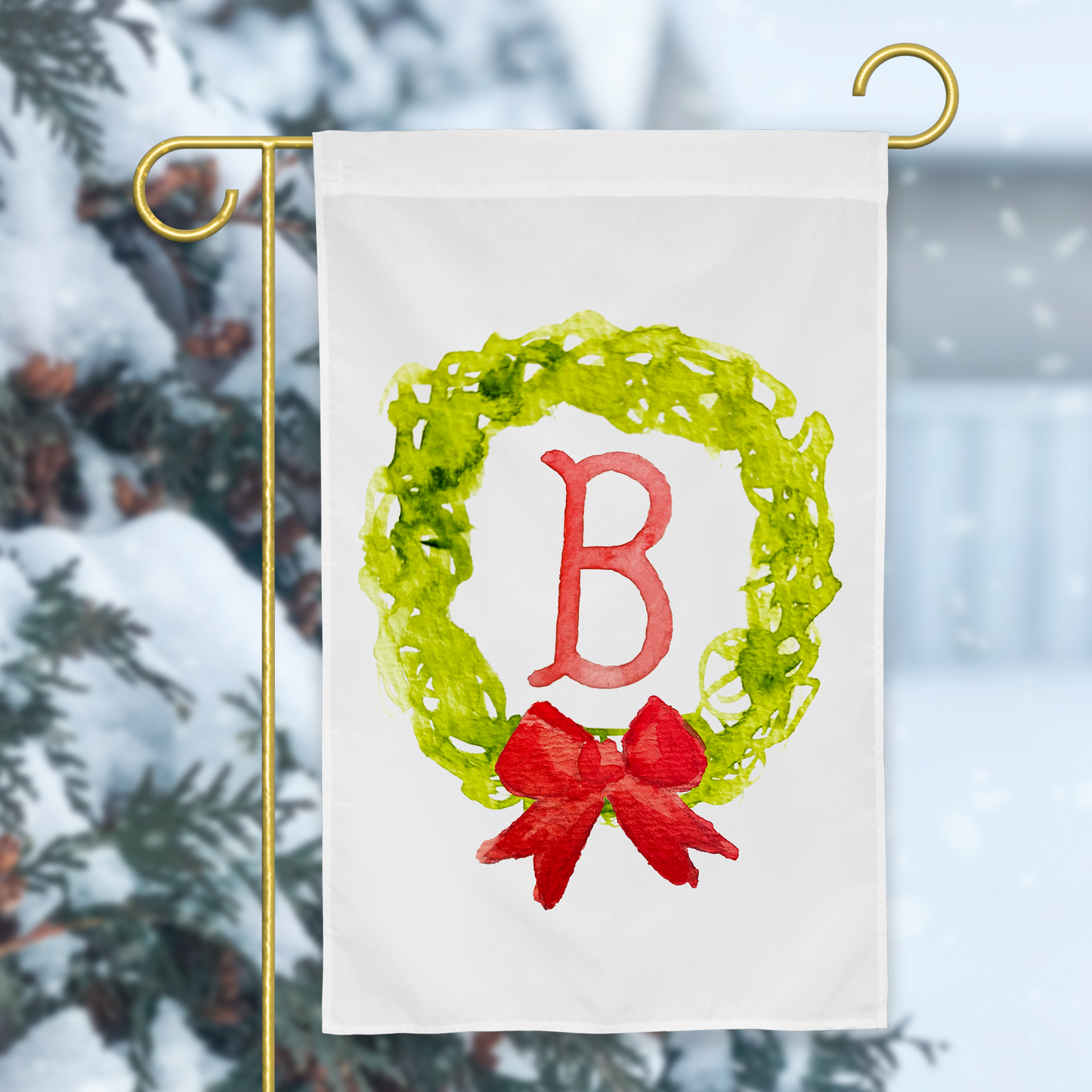 Watercolor Monogram Christmas Wreath Garden Flag