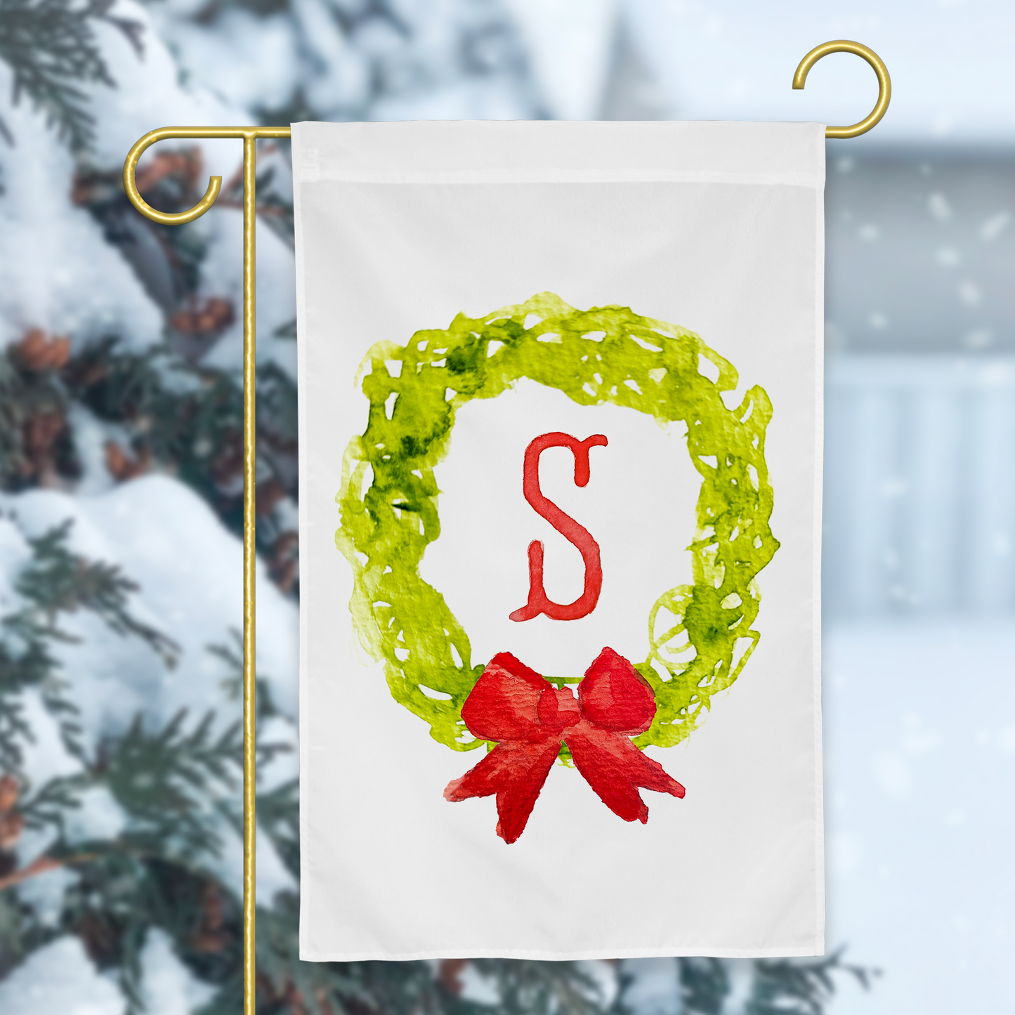 *Quick Ship* Watercolor Monogram Christmas Wreath Garden Flag - S Initial