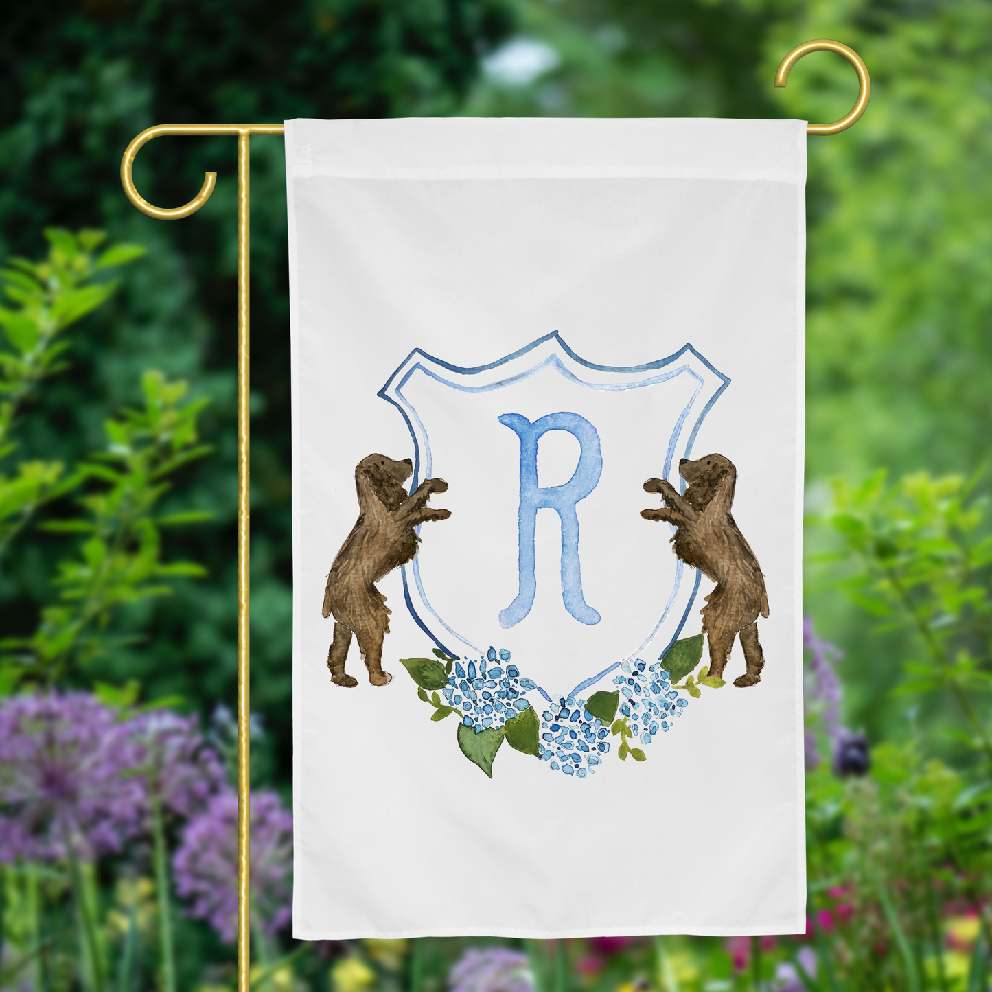 Personalized Watercolor Hydrangea Spaniel Crest Garden Flag