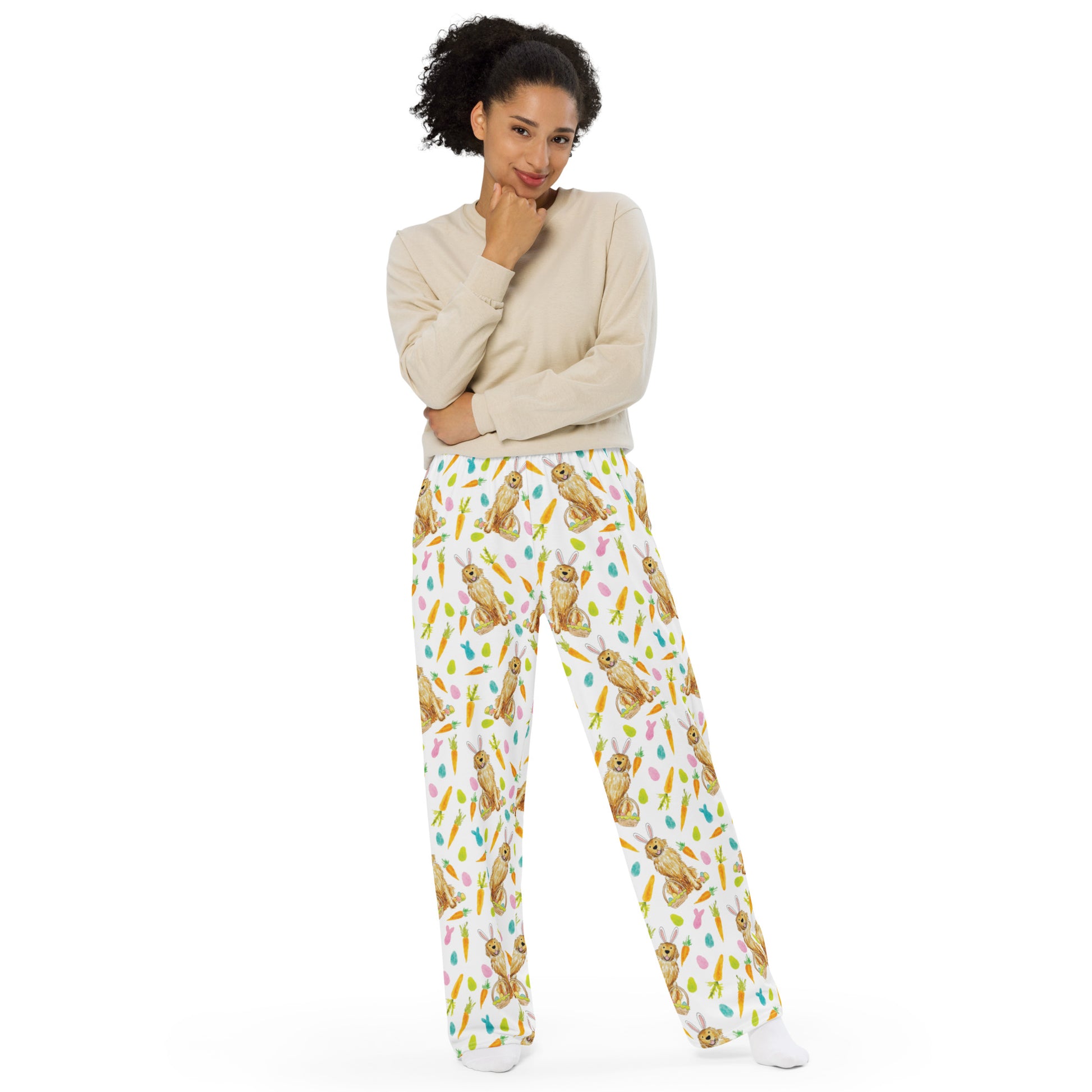 Model wearing cozy Golden Retriever Easter pajama pants for springtime loungewear