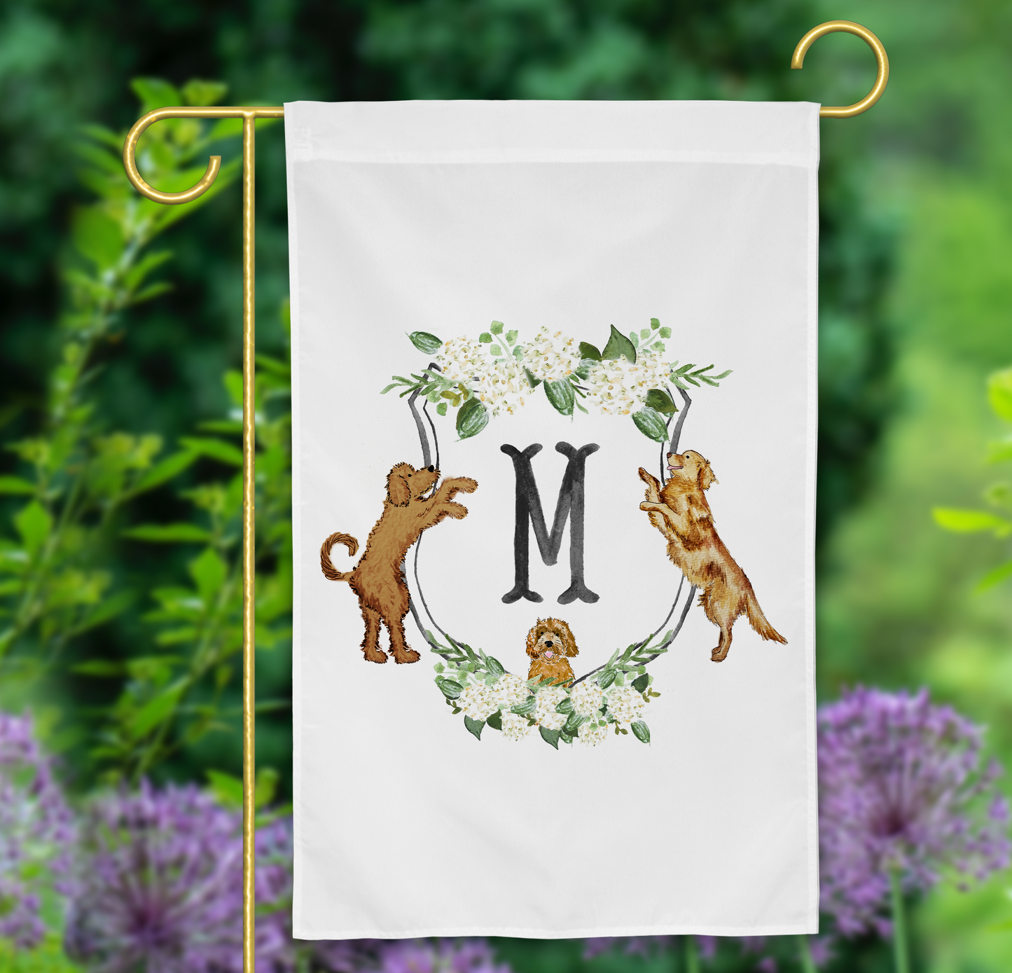 golden retriever garden flag white hydrangea crest