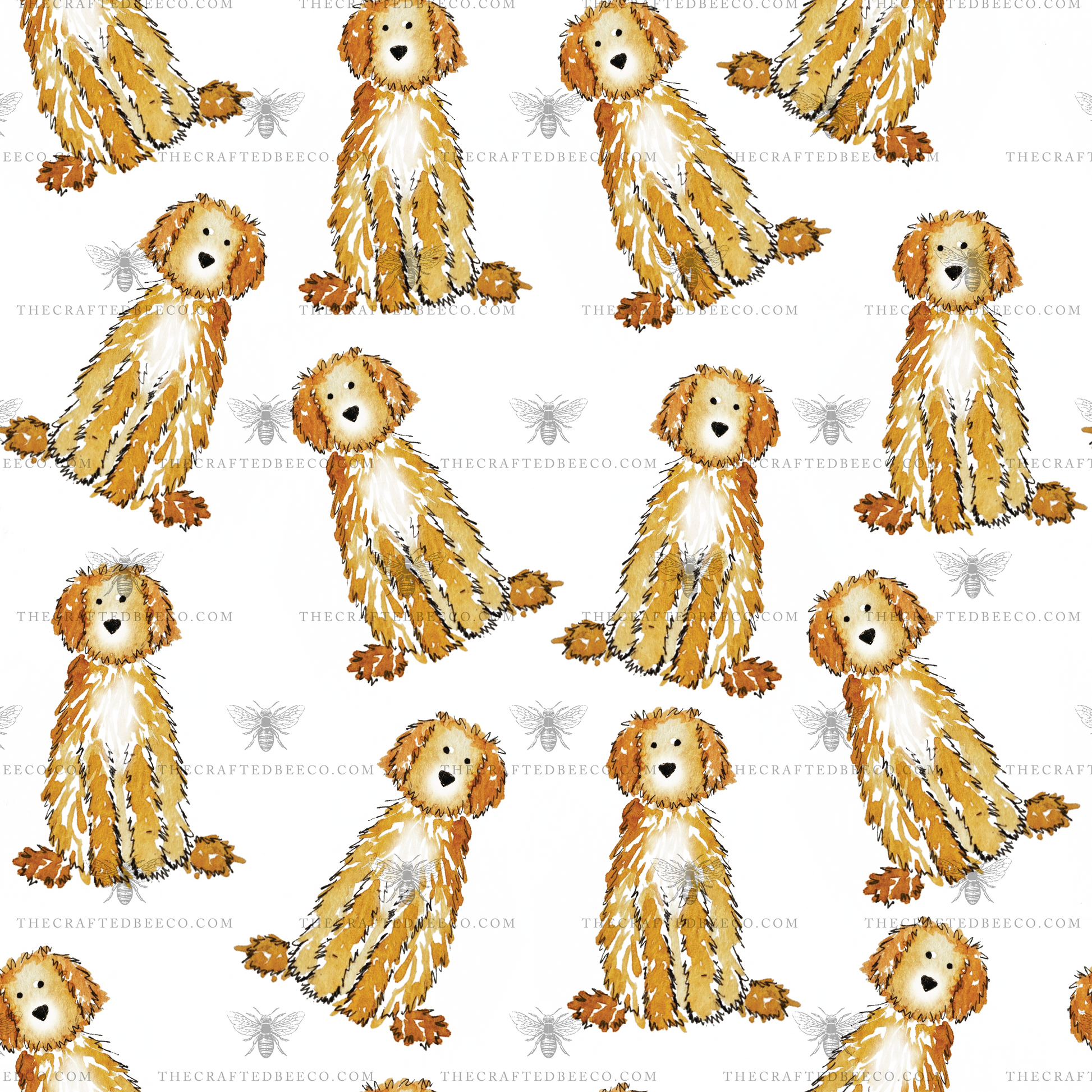 Close-up of watercolor Apricot and Cream Doodle print on soft jersey knit crib sheet fabric. doodle crib sheet, apricot doodle baby bedding, cream doodle crib sheet, goldendoodle crib sheet, labradoodle crib bedding, dog nursery crib sheet, doodle baby gift, goldendoodle baby nursery, baby sheet for dog lovers, watercolor doodle crib sheet, baby shower gift for dog mom, jersey knit crib sheet, dog lover baby bedding, apricot goldendoodle crib sheet, cream labradoodle nursery decor