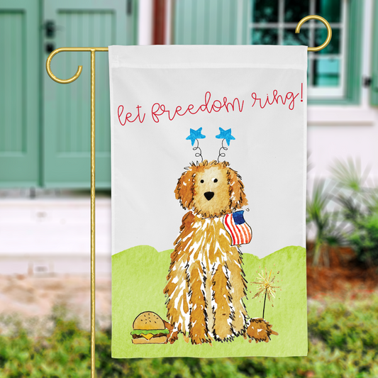 A fourth of july garden flag featuring a watercolor goldendoodle. fourth of july garden flag, doodle garden flag, patriotic dog garden flag, goldendoodle july 4th flag, bernedoodle memorial day decor, labradoodle american flag, doodle patriotic yard flag, 4th of july dog flag, independence day dog decor, red white and blue garden flag, summer dog yard flag, sparkler dog flag, doodle dog decorations, customizable doodle flag, dog lover patriotic decor, american holiday dog flag