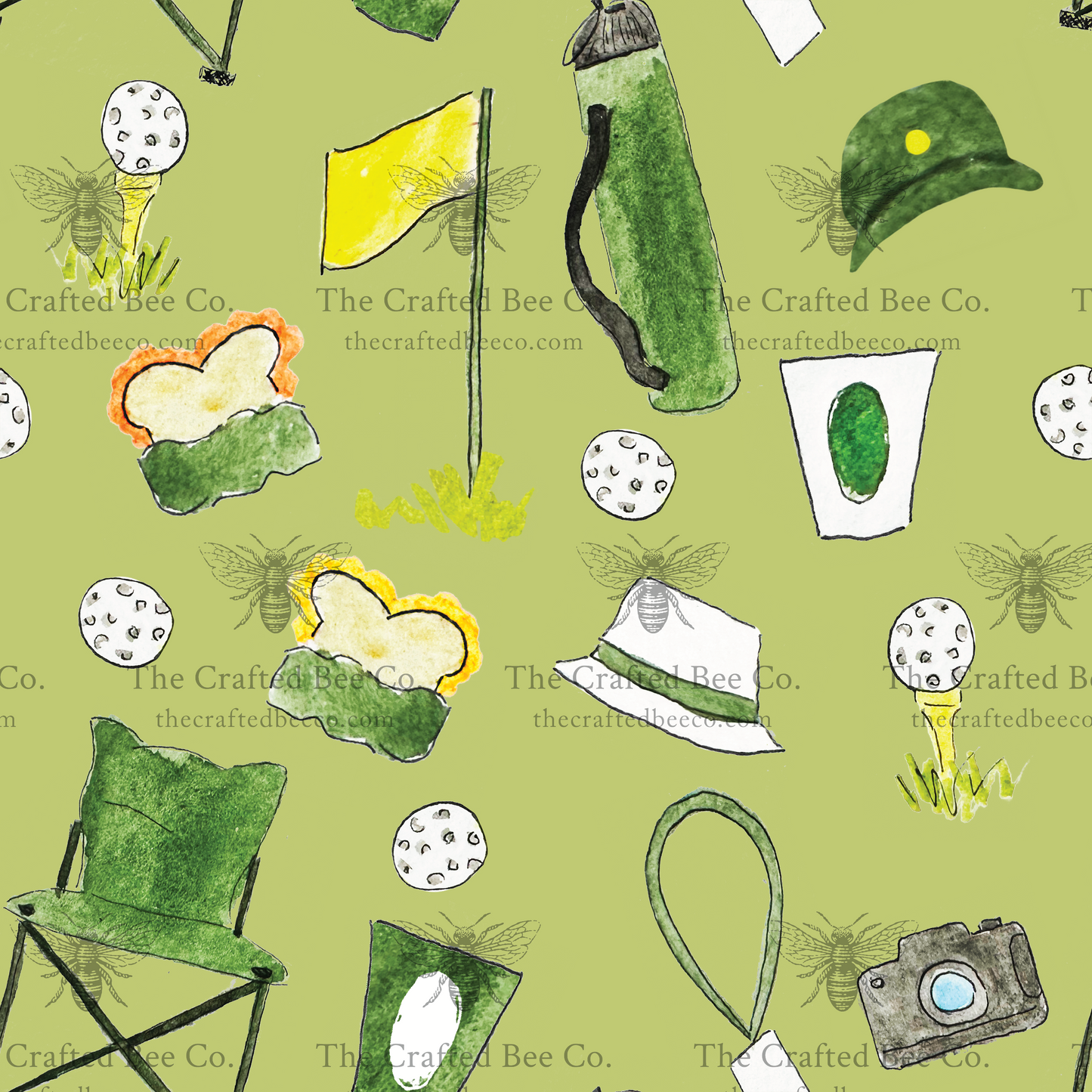 golf swim trunks close up of pattern. Pattern includes golf balls, golf tees, golf flag, golf chairs, souvenir cups, patron ticket lanyard, and a camera