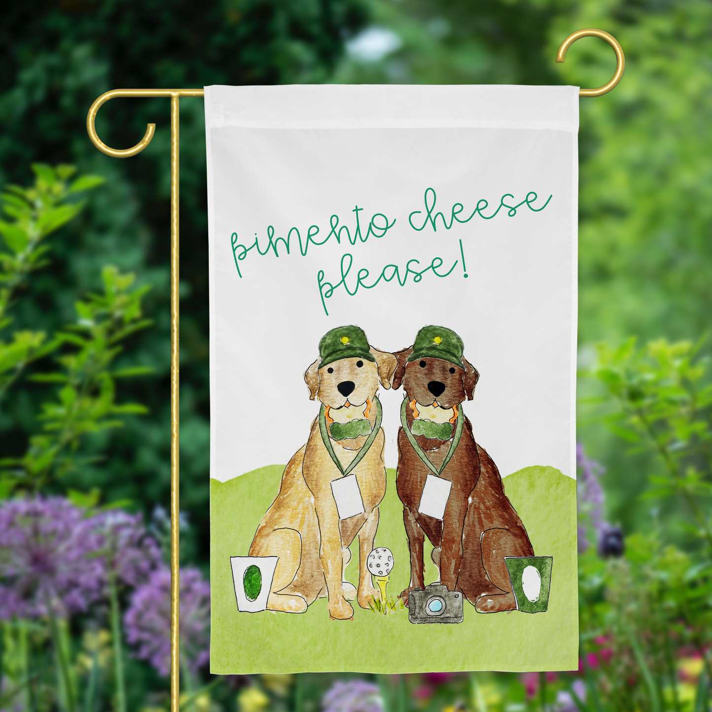 lab golf garden flag for golf tournament. Yellow Lab and Chocolate Lab.