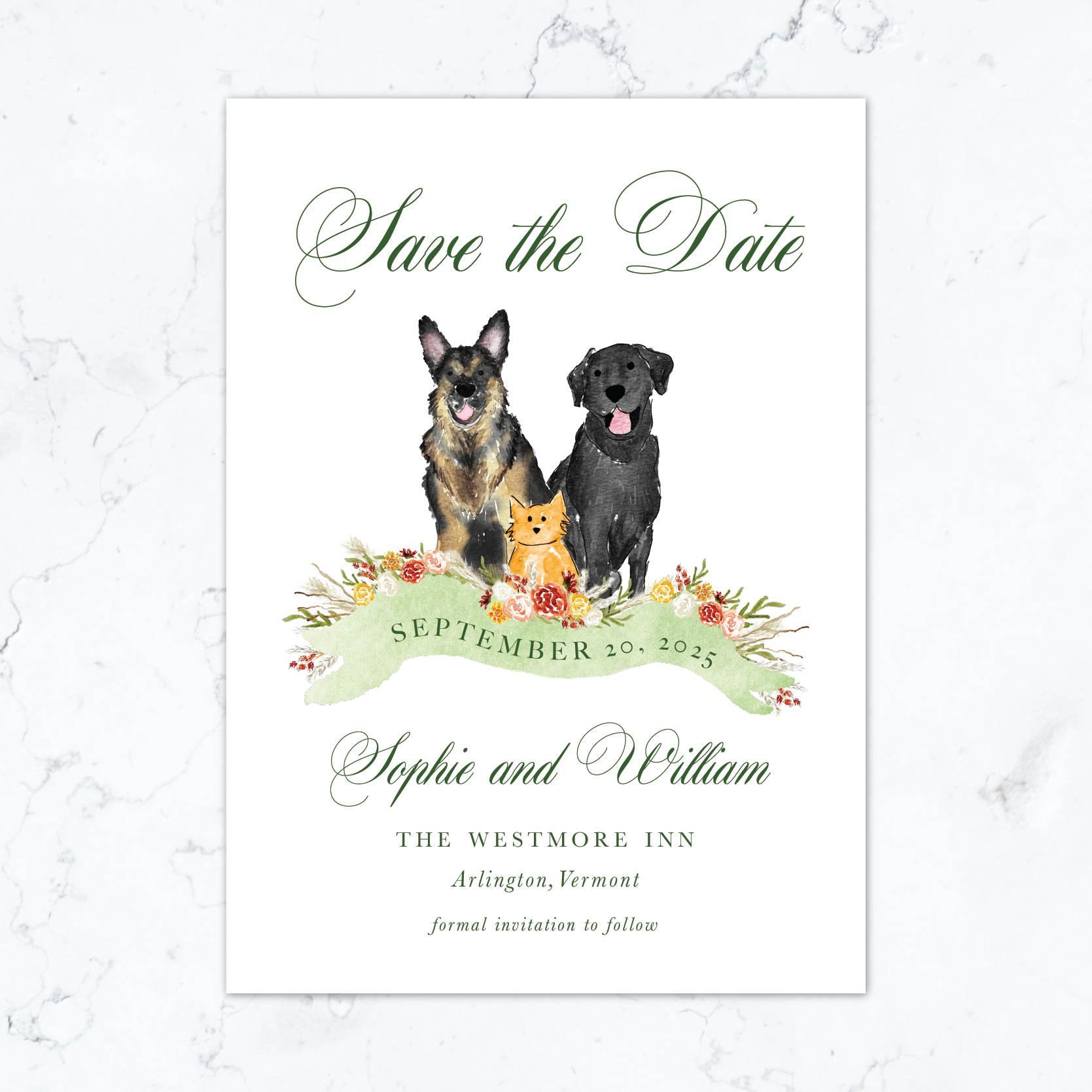 pet wedding save the date with dog illustration fall colors