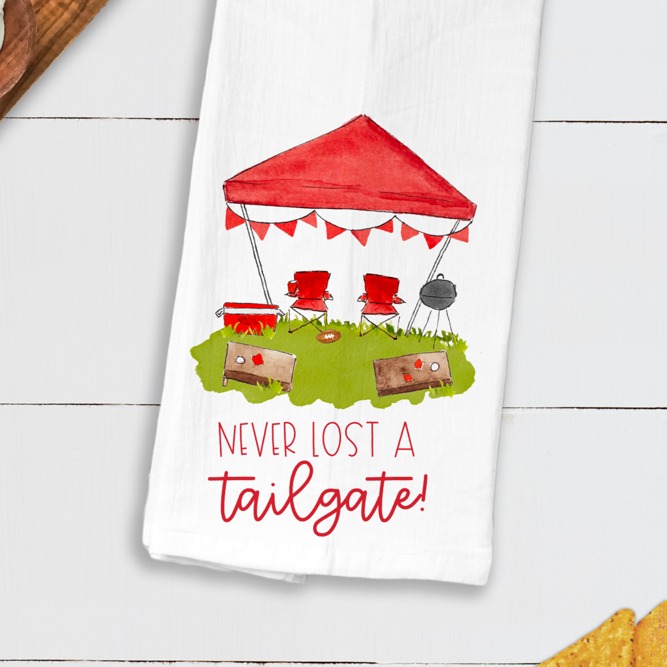 red football towel, never lost a tailgate, best football kitchen towel, football kitchen towels
