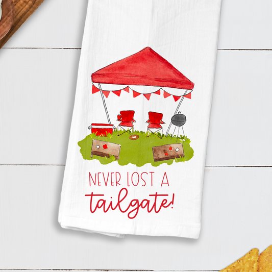 red football towel, never lost a tailgate, best football kitchen towel, football kitchen towels