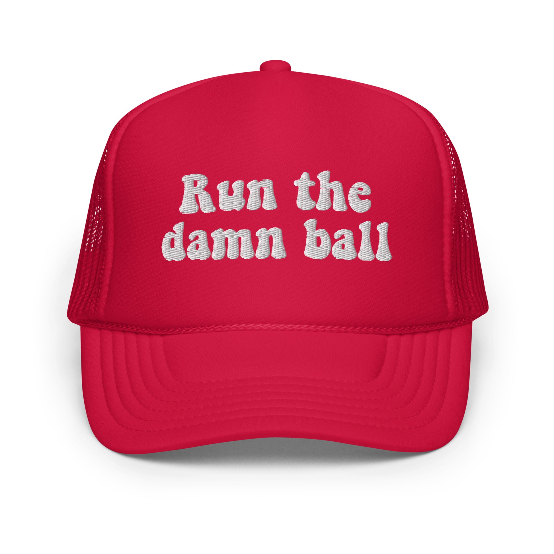 run the damn ball football trucker hat. red trucker hat with white embroidered design