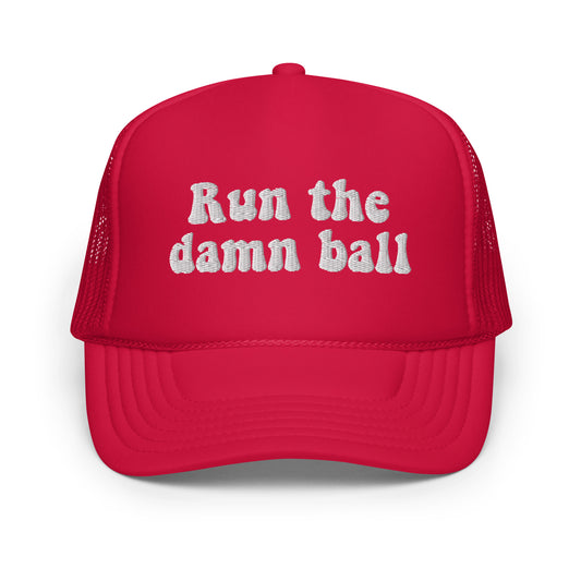 run the damn ball football trucker hat. red trucker hat with white embroidered design
