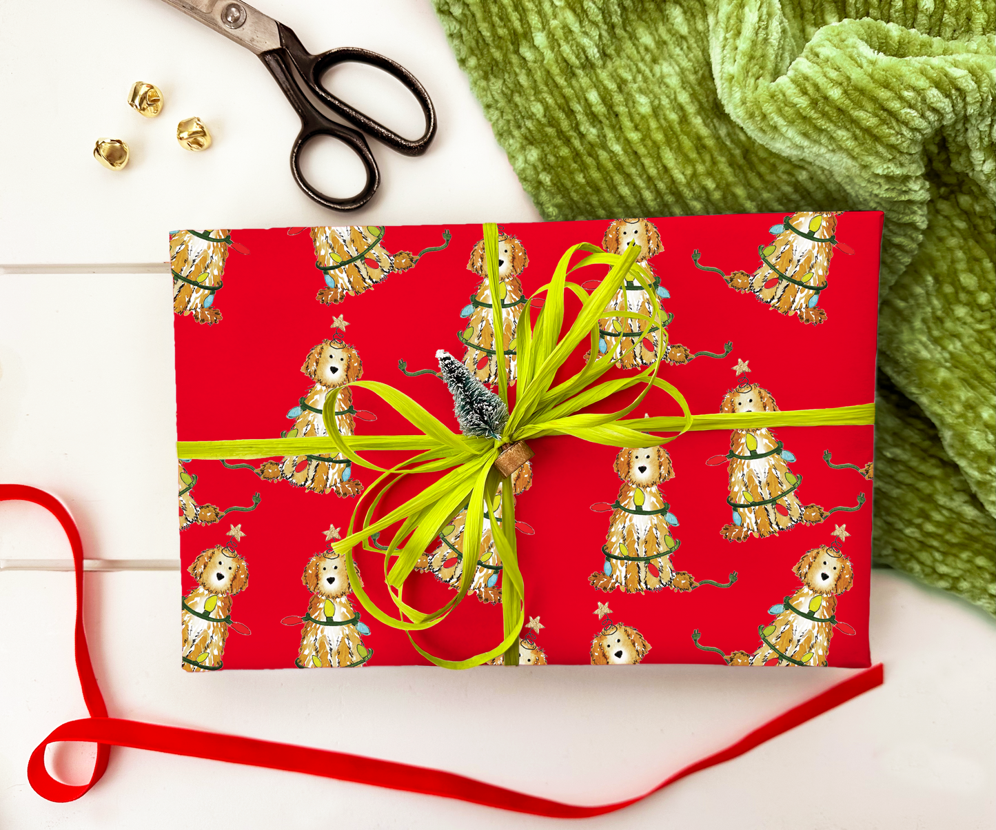 Festive Christmas Apricot and Cream Doodle Gift Wrap - Red