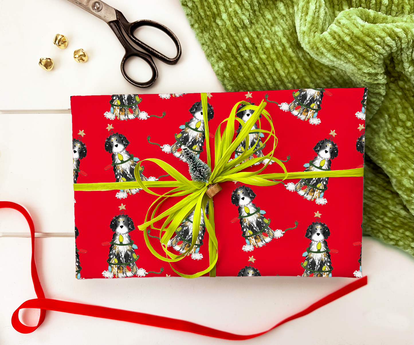 Festive Christmas Bernadoodle Gift Wrap - Red