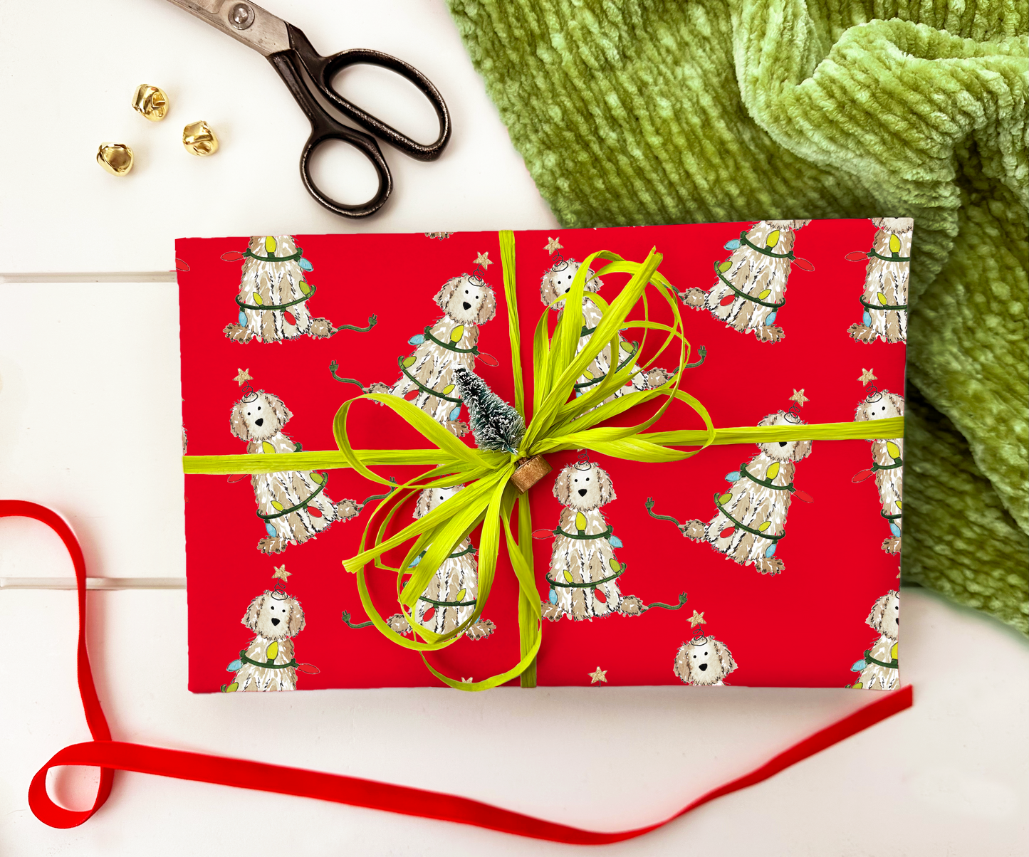 Festive Christmas Cream Doodle Gift Wrap - Red