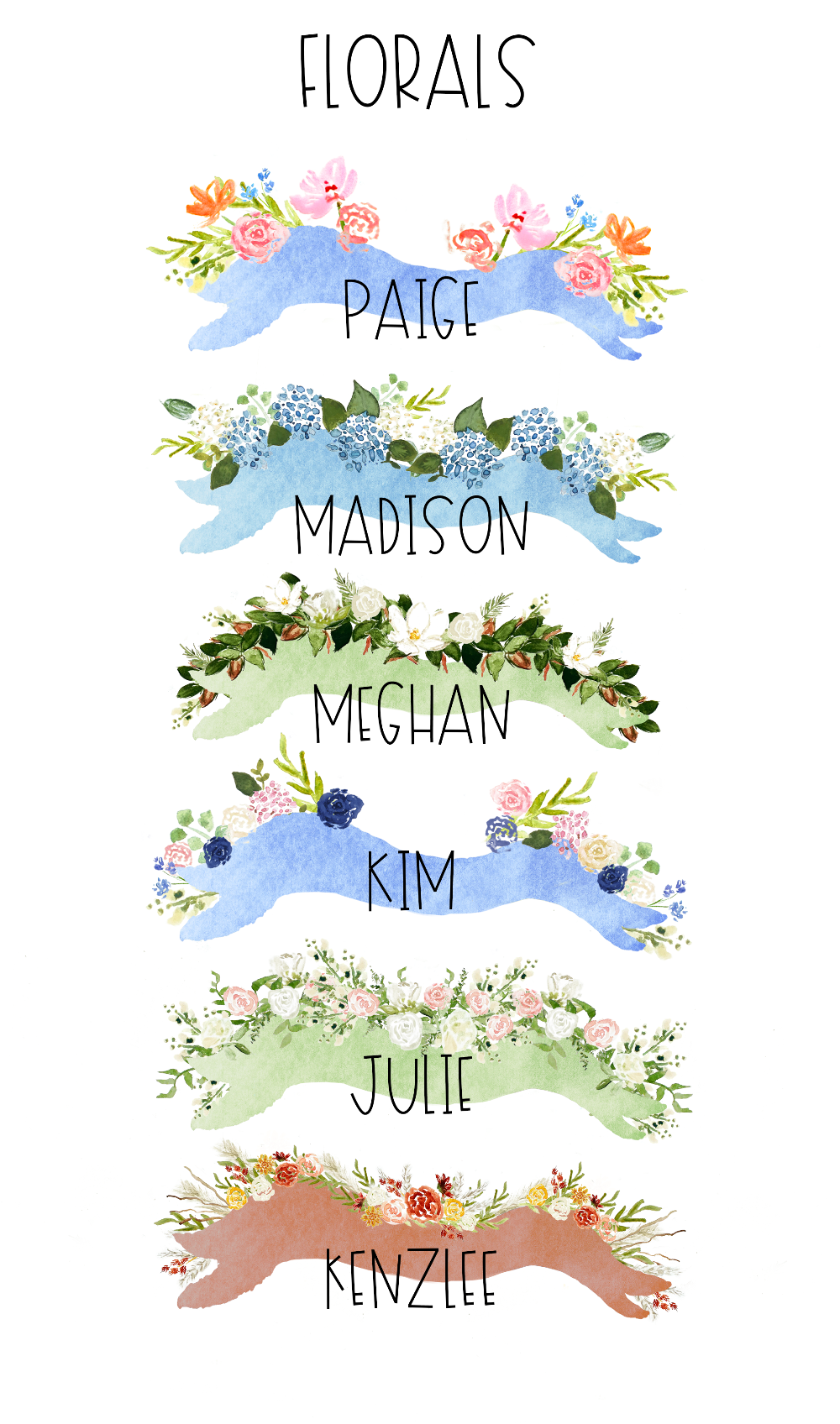 watercolor floral banner for wedding save the date. Options include wildflowers, blue hydrangeas, magnolias, pink and blue, pink and white, and fall color wedding florals