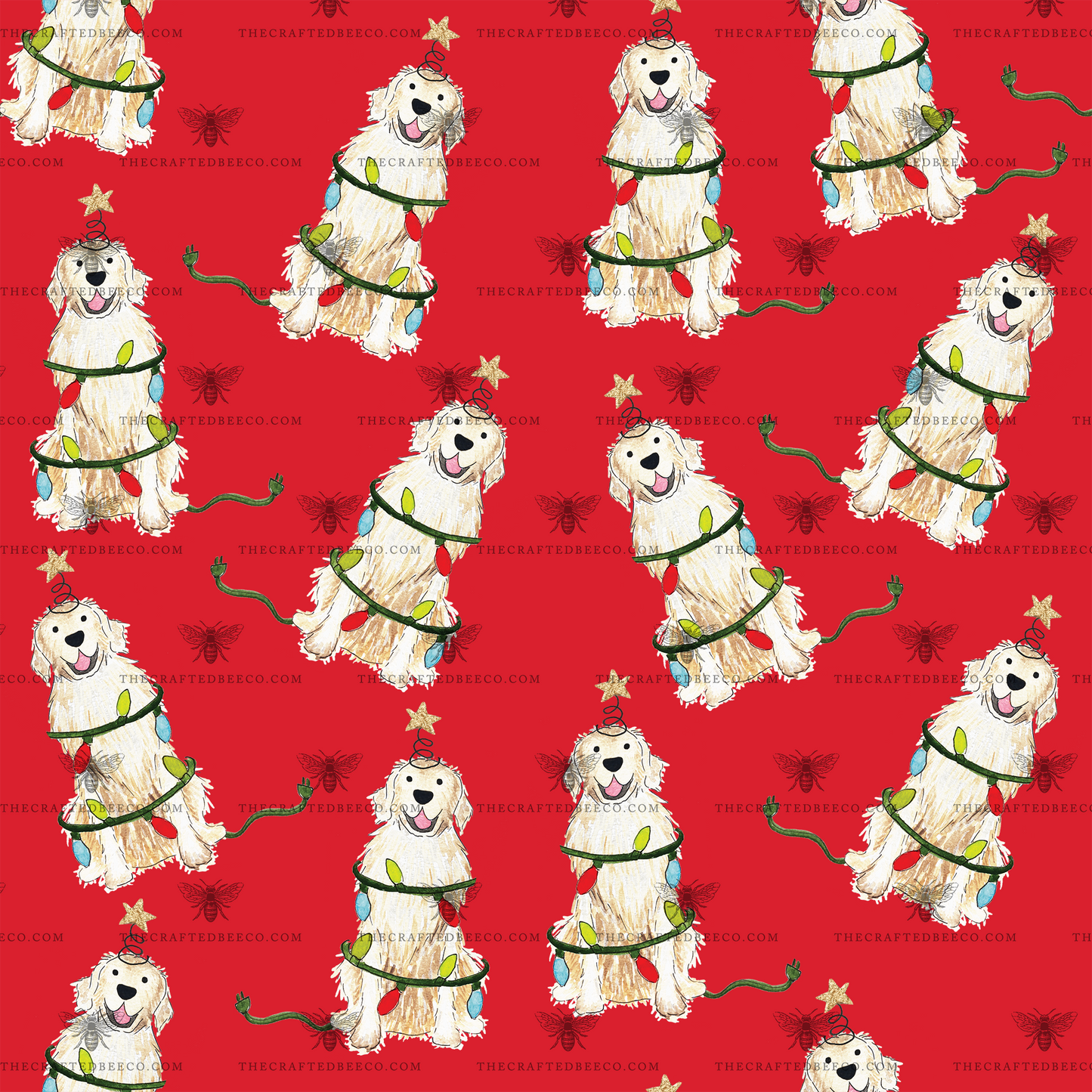 Festive Christmas Light Golden Retriever Gift Wrap - Red