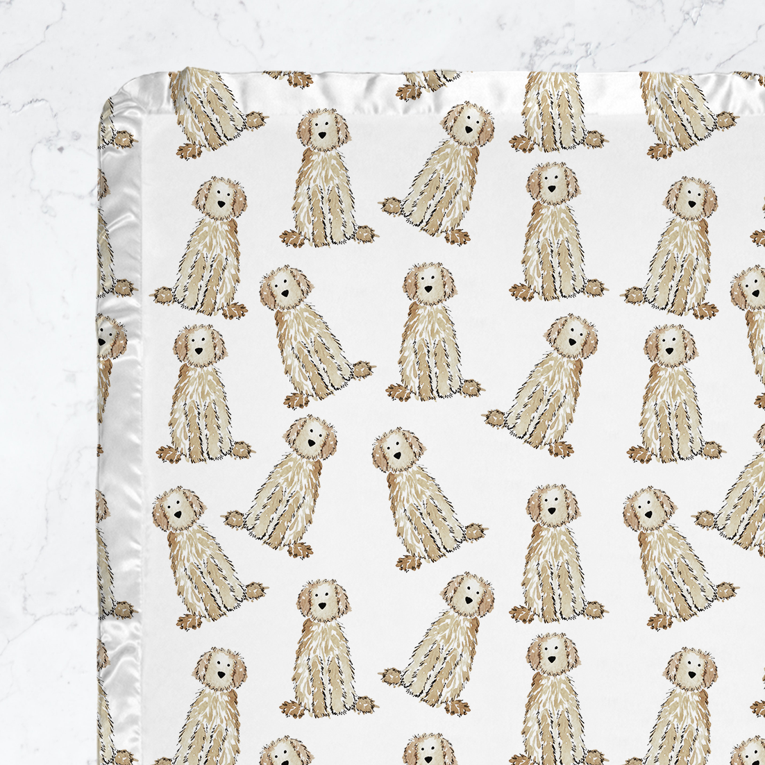 white goldendoodle cream doodle baby blanket swaddle satin trim minky blanket, doodle baby blanket, goldendoodle baby gift, bernedoodle baby blanket, labradoodle baby blanket, aussiedoodle baby gift, minky baby blanket dog pattern, satin trim baby blanket, doodle dog baby item, baby blanket for dog lovers, dog lover baby gift, soft dog baby blanket, apricot doodle blanket, cream doodle baby gift, black doodle baby blanket, brown doodle dog blanket, bernedoodle baby shower gift