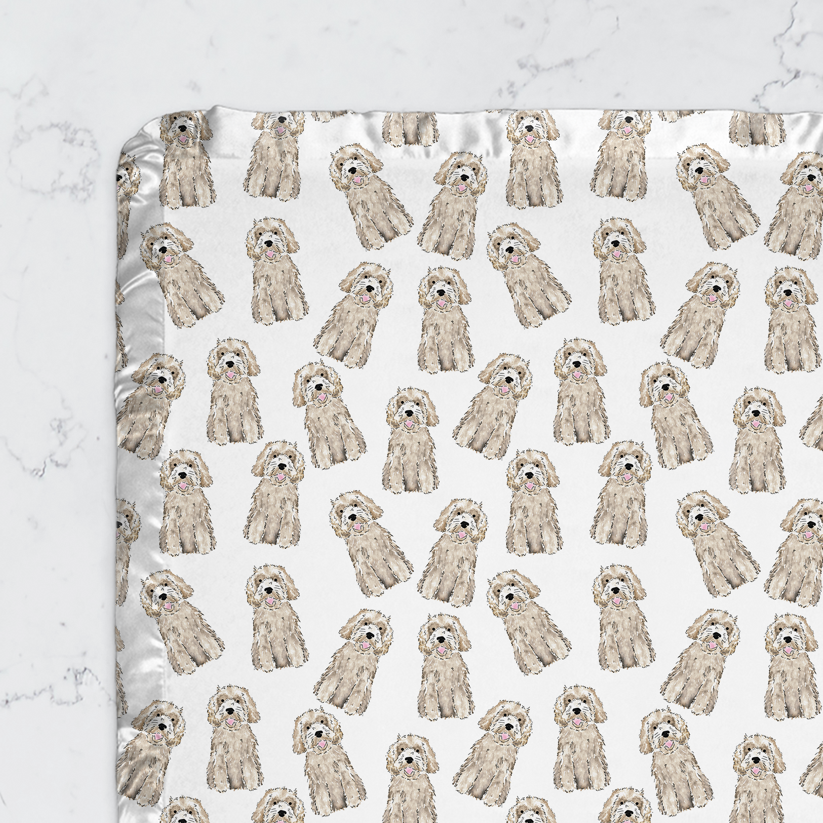 mini doodle baby blanket, minky baby blanket with satin trim, doodle baby gift, apricot doodle blanket, black doodle baby item, bernedoodle baby shower gift, goldendoodle swaddle alternative, labradoodle blanket for baby, soft baby blanket dog pattern