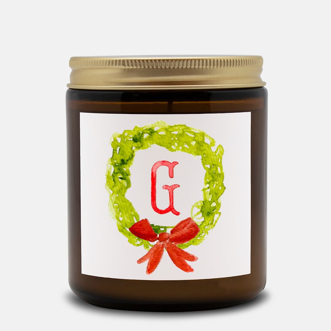 Personalized Initial Watercolor Wreath Amber Candle