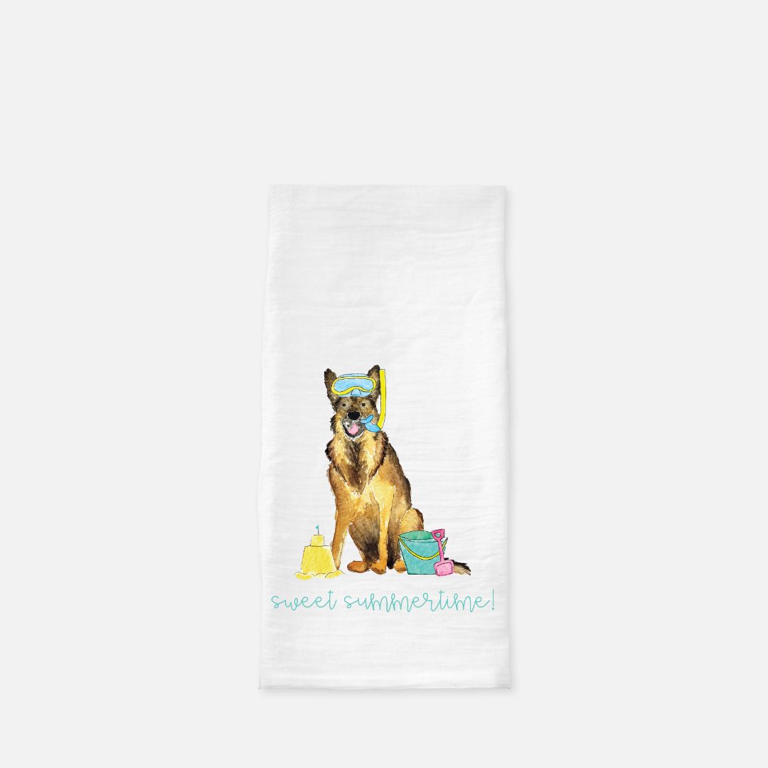 Sandy Summer German Shepherd Tea Towel