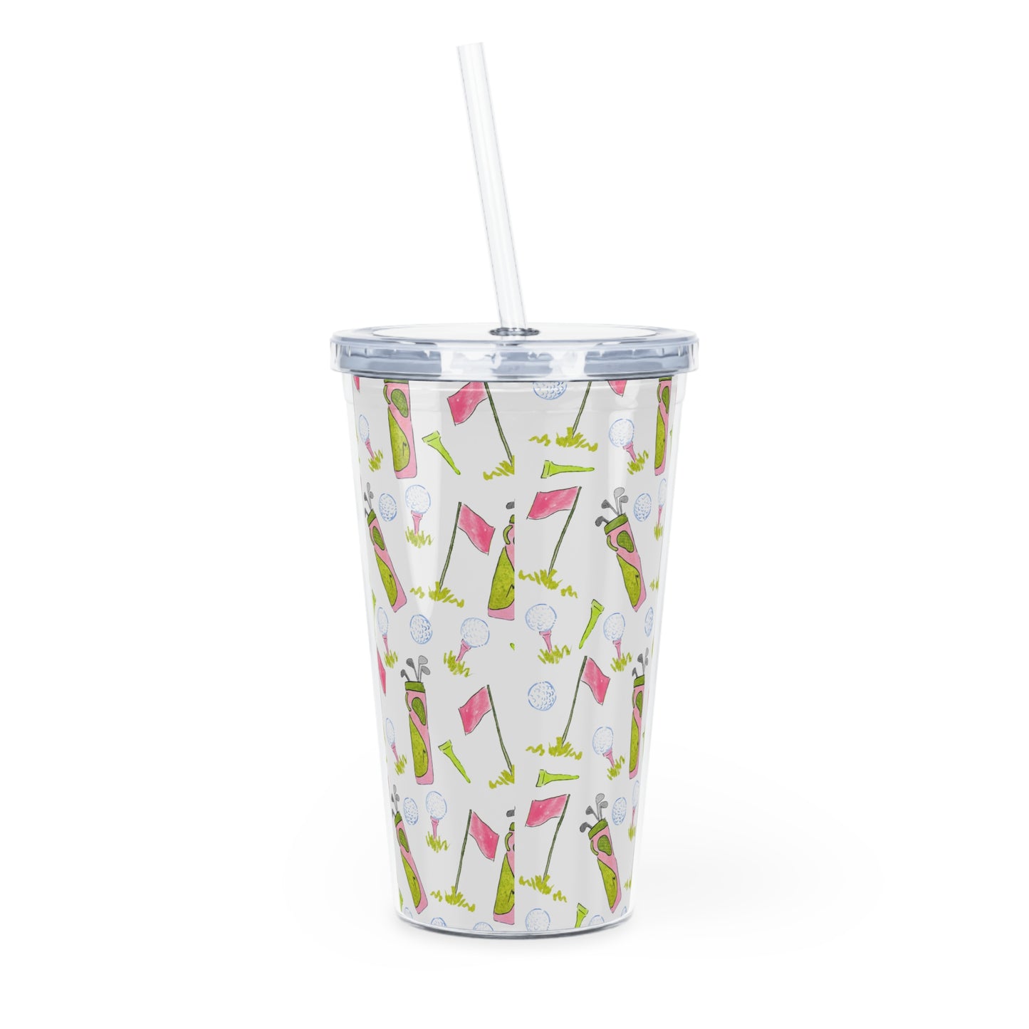 Pink Birdie Pattern Plastic Tumbler with Straw