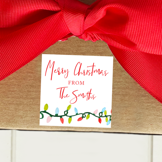 Personalized Watercolor Christmas Lights Sticker Gift Tags