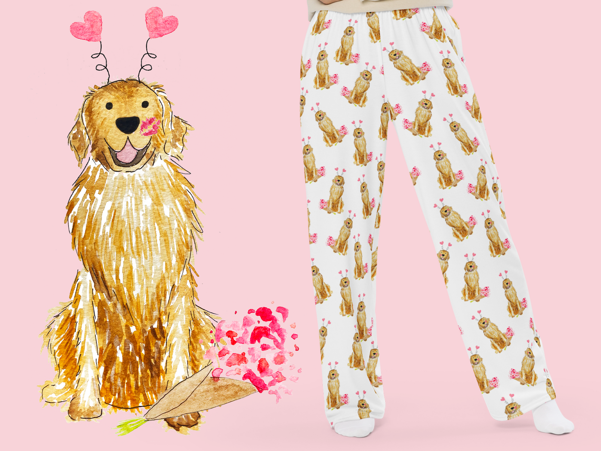 Golden Retriever pajamas for Valentine’s Day with heart headband and bouquet pattern