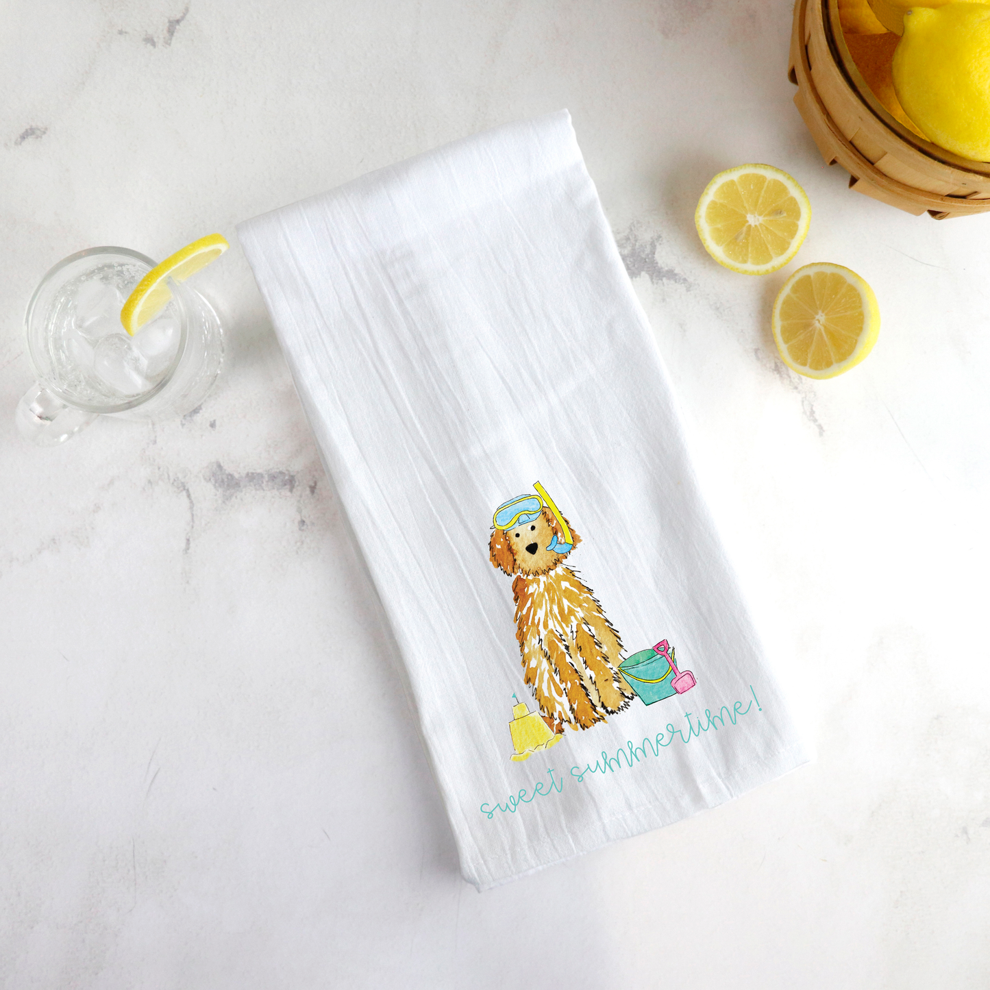 Goldendoodle kitchen towel with summer theme