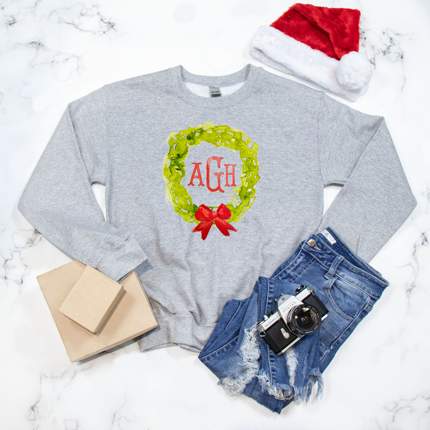 Monogram Christmas Wreath Adult Sweatshirt