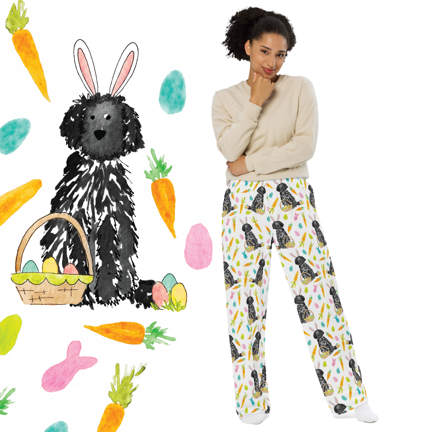 Black Funny Bunny Doodle Pajama Pants