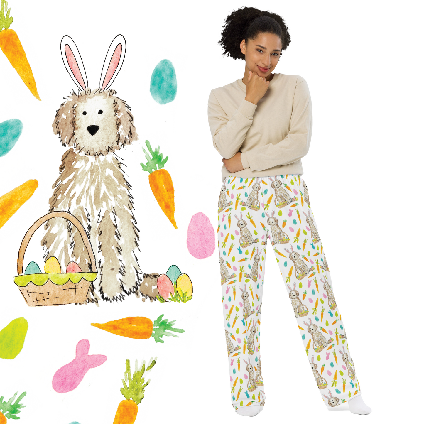 Cream Funny Bunny Doodle Pajama Pants