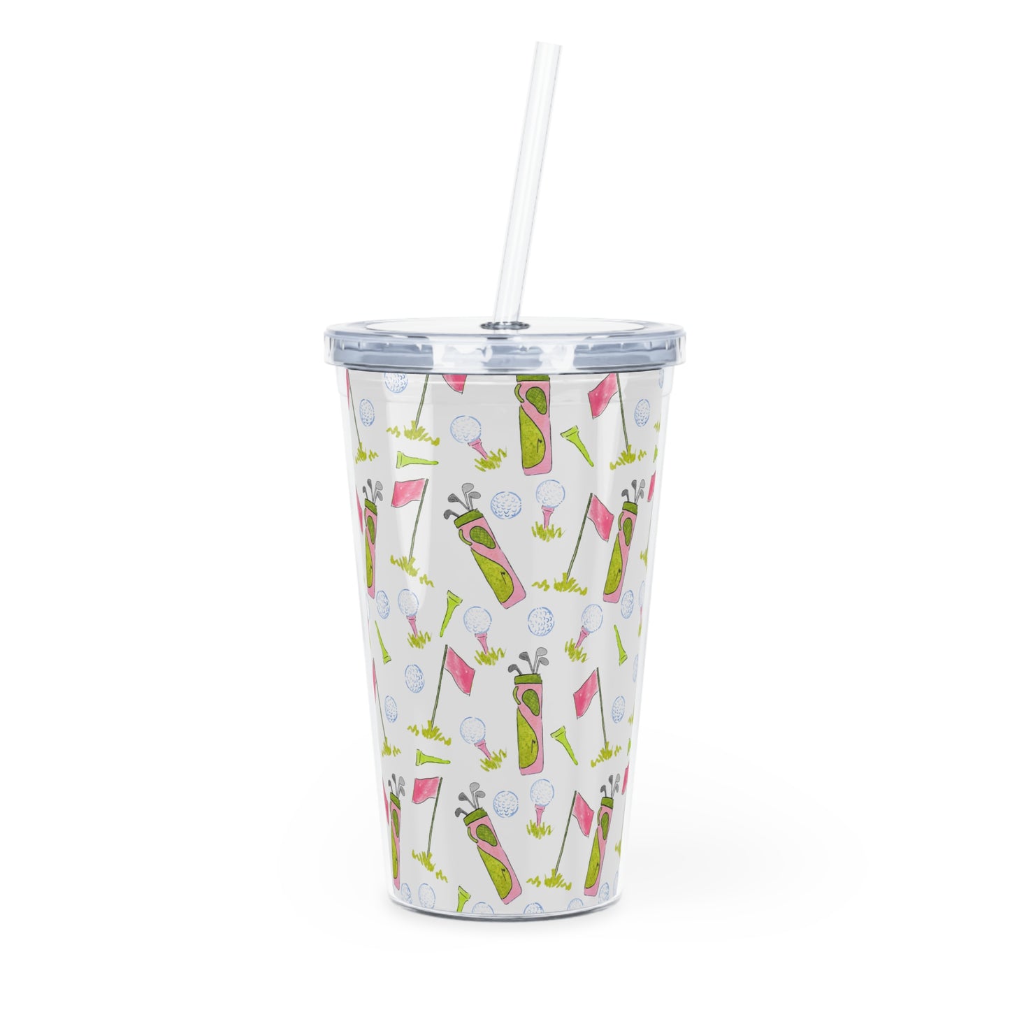 Pink Birdie Pattern Plastic Tumbler with Straw