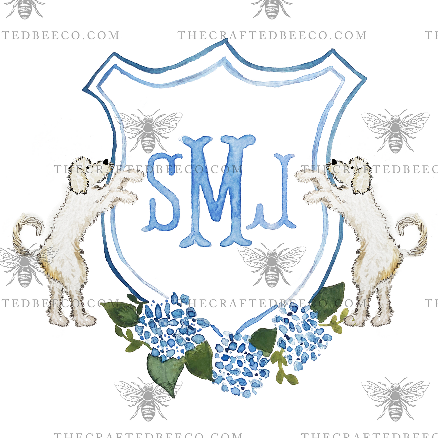 Personalized Watercolor Hydrangea Doodle Crest Garden Flag