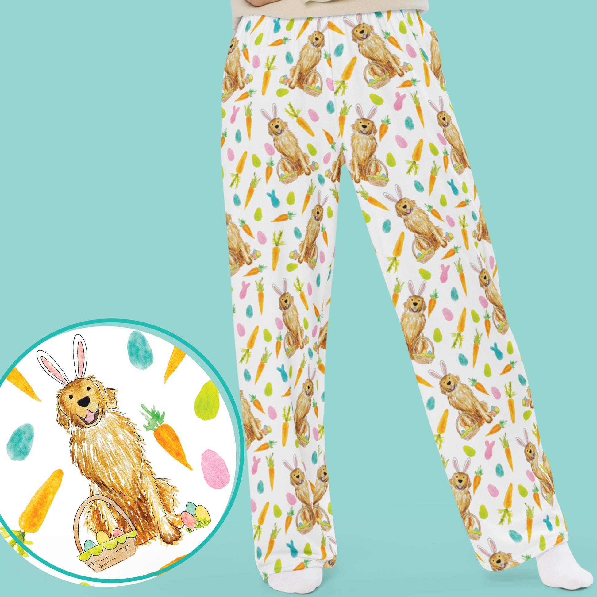 Close-up of watercolor Golden Retriever and Easter egg pattern on pajama pants fabric