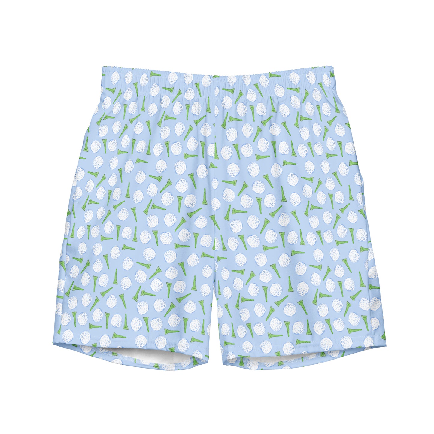 golf ball swim trunks in blue with green golf tees, men's golf swimsuits, men’s golf swim trunks, golf swim shorts, golf bathing suit men, golf print swim trunks, men’s quick dry swim shorts, Father’s Day golf gift, golf dad gift, golf vacation clothes, golf beachwear, men’s golf apparel, men’s athletic swim trunks, novelty golf swim shorts