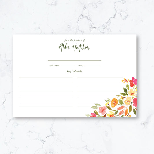 Personalized Pink Floral Recipe Box Cards