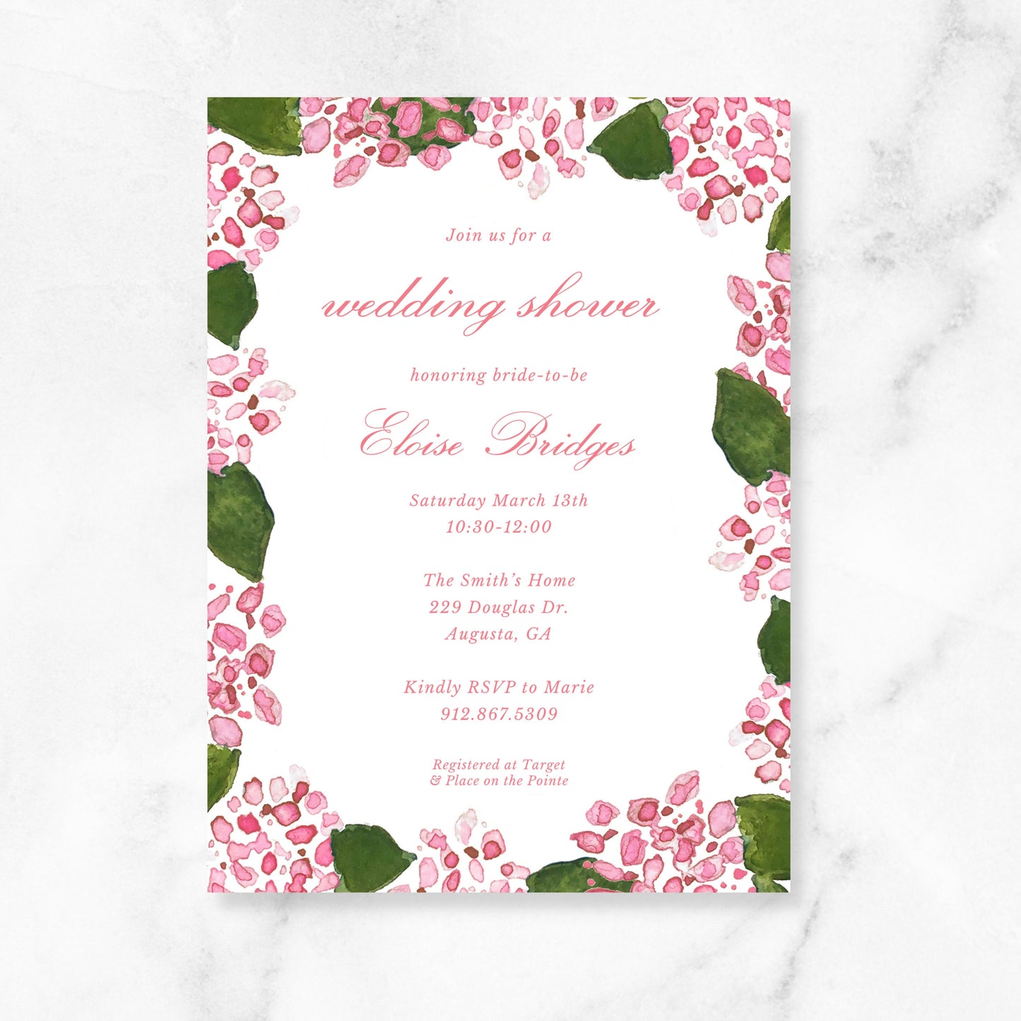 Pink Hydrangea Wedding Shower Invitations