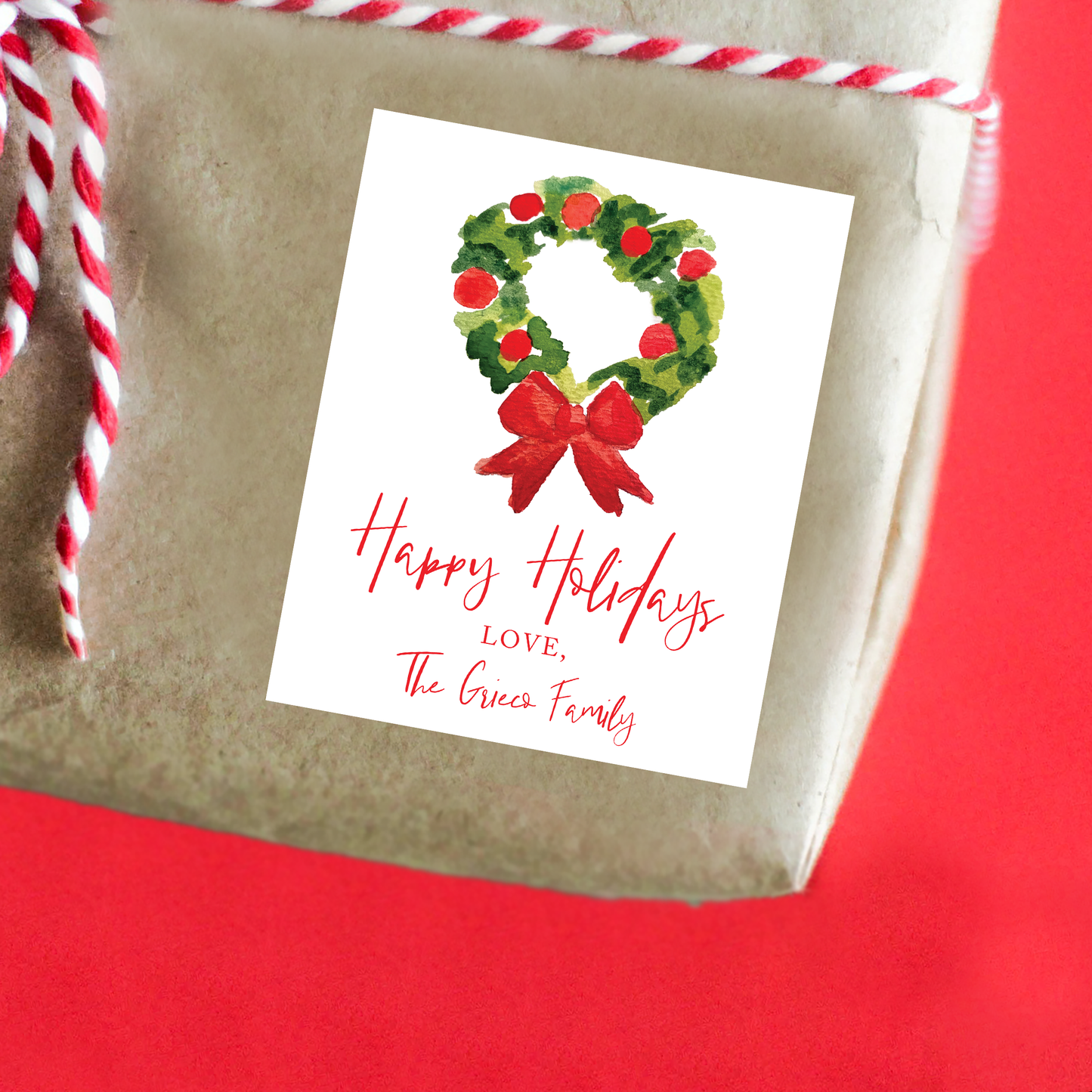 Personalized Watercolor Christmas Wreath Sticker Gift Tags