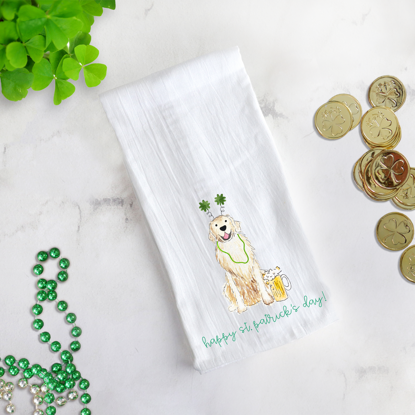 Lucky St Patricks Day Golden Retriever Tea Towel