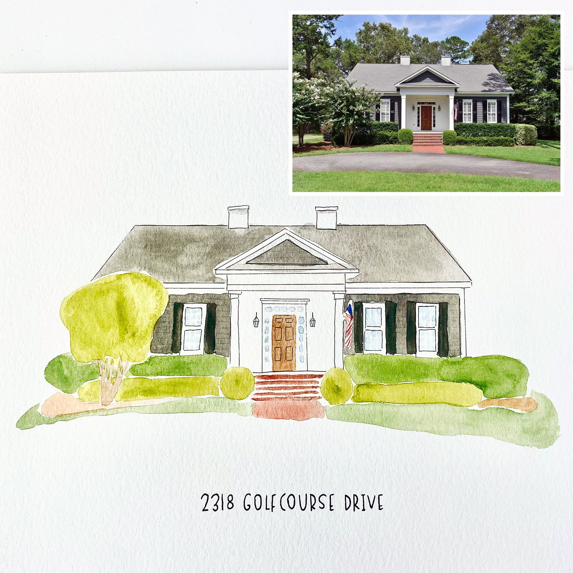 Hand-painted house portrait with personalized address