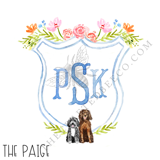 custom crest watercolor digital file for wedding. Includes pets dogs and wildflowers