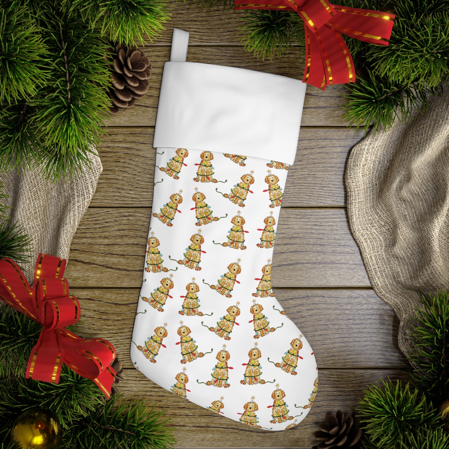 Apricot Doodle Holiday Stocking | Christmas Goldendoodle Pet Stockings, Dog Stocking