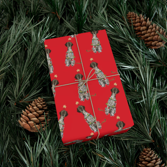 Festive Christmas Liver Roan German Shorthaired Pointer Gift Wrap - Red