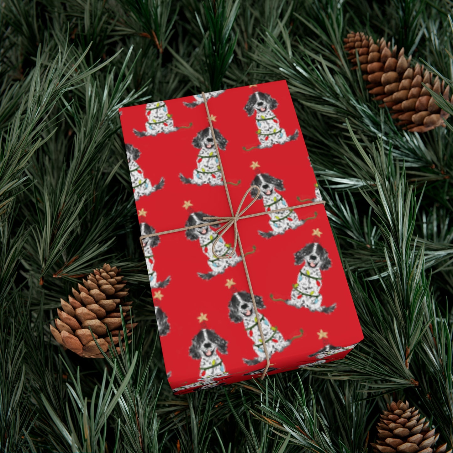 Festive Christmas Black Parti Spaniel Gift Wrap - Red