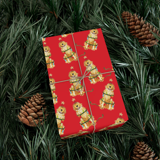 Festive Christmas Golden Retriever Gift Wrap - Red