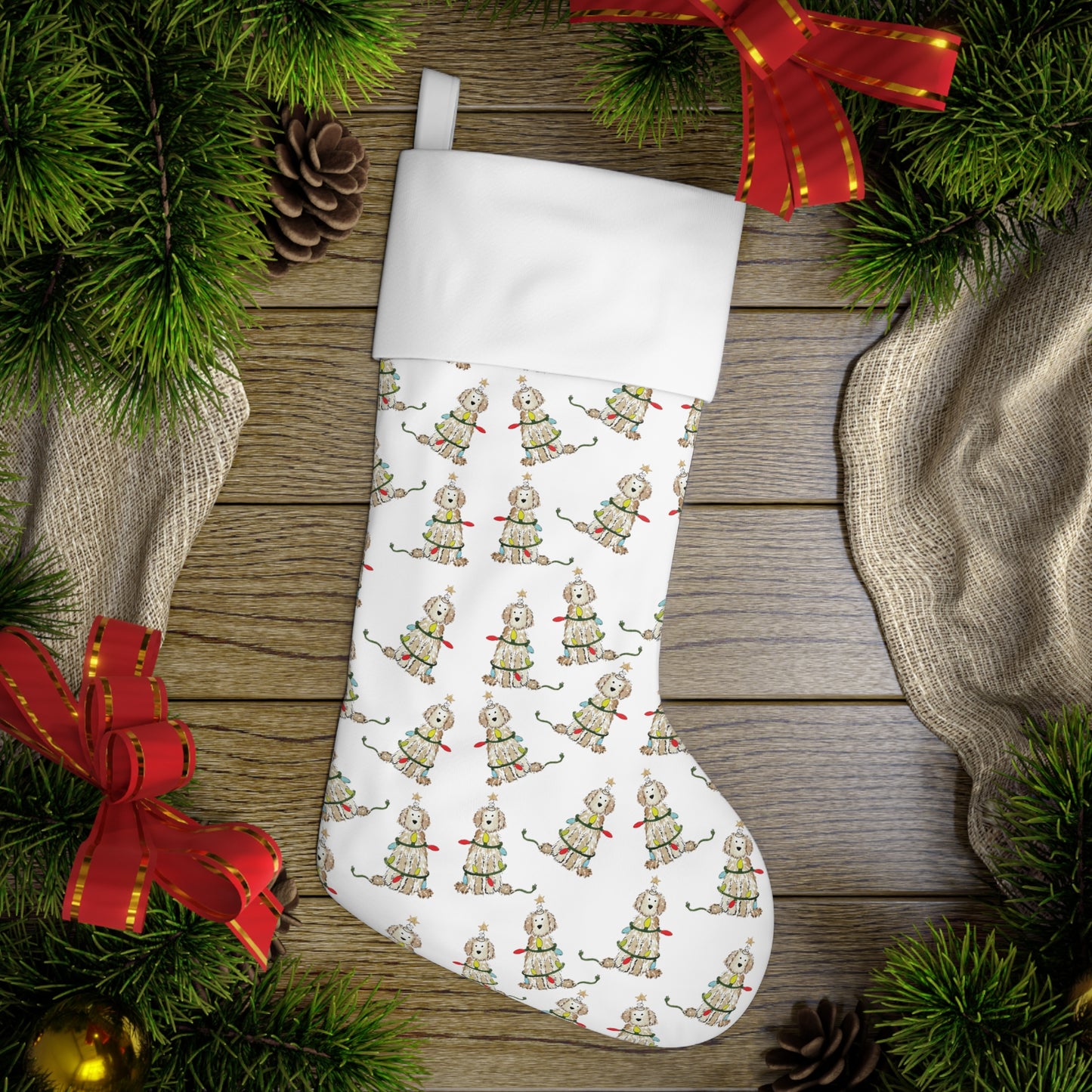 Festive Cream Doodle Christmas Stocking | Goldendoodle Pet Stockings, Labradoodle Holiday Stocking