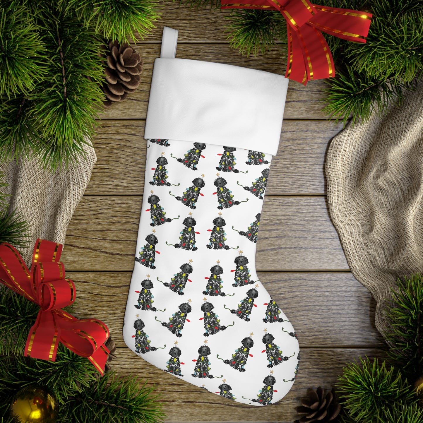 Festive Black Doodle Christmas Stocking | Christmas Goldendoodle Pet Stockings, Dog Stocking